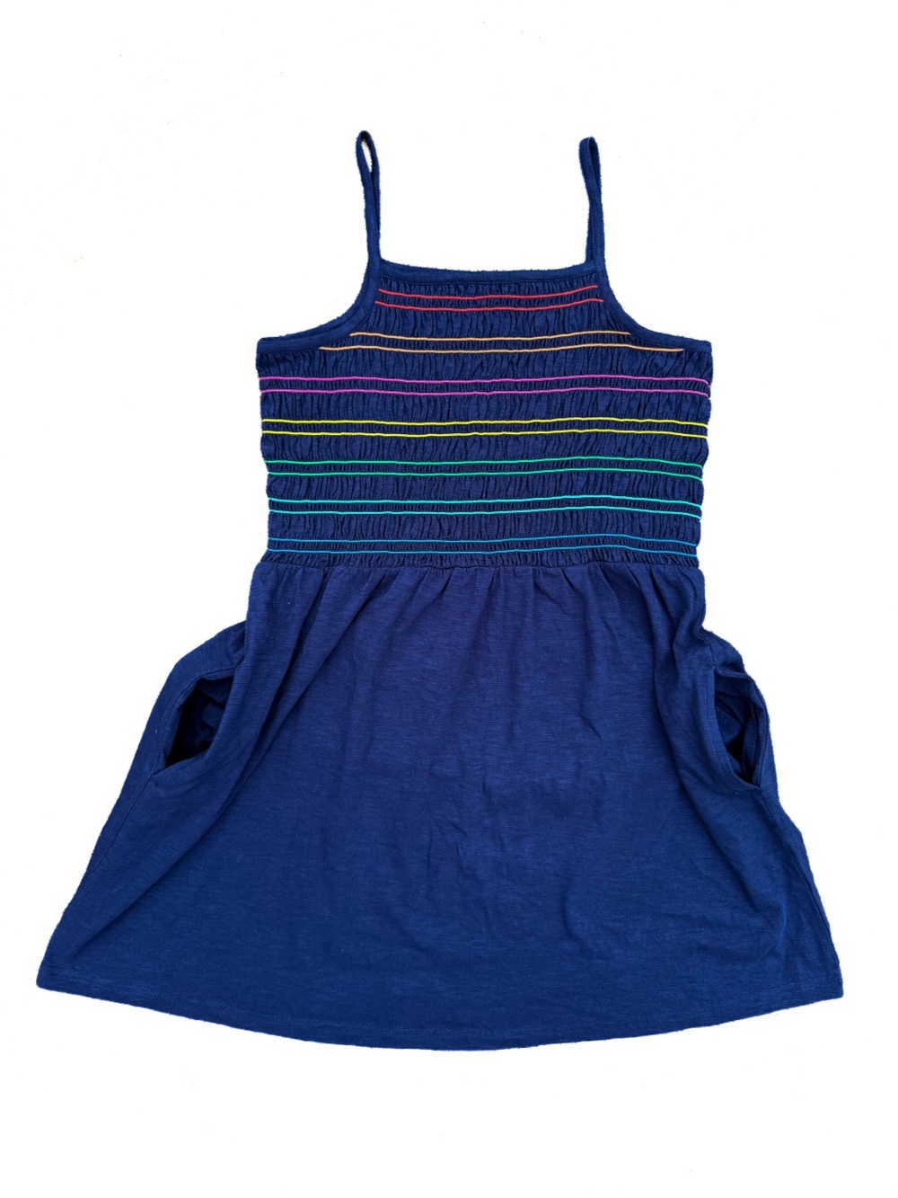 Primary Rainbow Smocked Tank Sundress with Pockets Navy Blue Kids Size 12 Dress